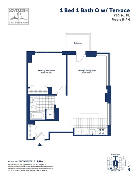 Floor plan for 1 bed, 1 bath, 786 sqft